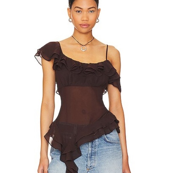 LPA Tops - LPA Jess Flounce Scarf Top in Chocolate Brown New with Tags!